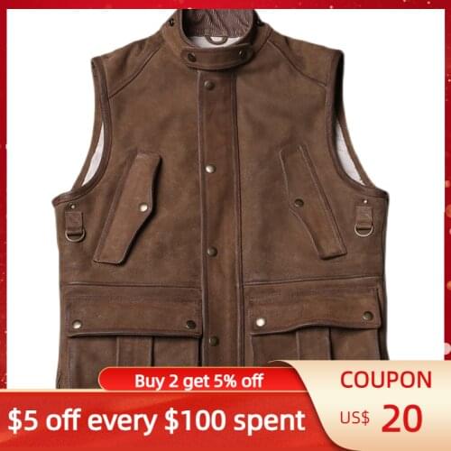 2021 Vintage Brown Safari Style Genuine Leather Vest Men Plus Size 4XL Real Natural Thick Cowhide Spring Slim Fit Short Coat