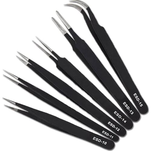 6Pcs/Set Tweezers Tool ESD 10-15 Safe Anti-static Stainless Steel Soldering Tweezers Tools Set for Soldering Station