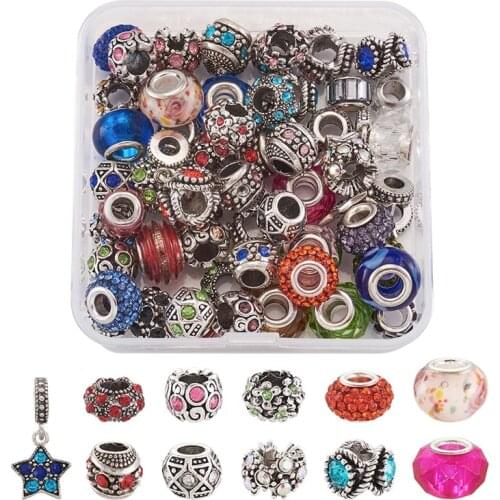 60pcs/box Alloy Rhinestone Bead European Beads Charm Loose Bead Big Hole for Jewelry Making DIY Accessories Findings