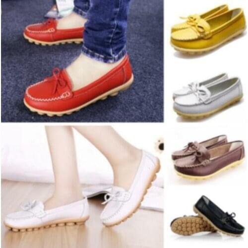 Leather Solid Color Single Shoes Spring And Summer Models Flat Shoes Women Middle-aged Old Casual Fashion Bow Peas Shoes