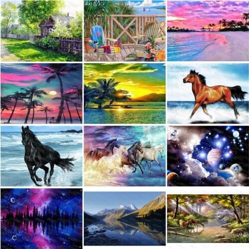 Diy Diamond Painting Beautiful Seaside Natural Scenery Colorful Sky Galloping Horses Fantasy Starry Sky Landscape Mural