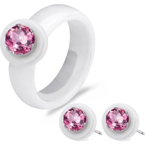 Classic Wild Black White Ceramic Earrings Rings Jewelry Sets For Women Fashion 6mm Wide Smooth Ring With Bling Crystal Cute Gift