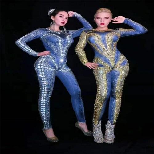 T02 Female Denim gold rhinestone jumpsuit silver diamonds elastic bodysuit crystal tights stretch outfit dance costume leotards