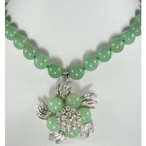 Nicest ladys accesspry green jade GP inlay Crystal Flower Pendant Necklace