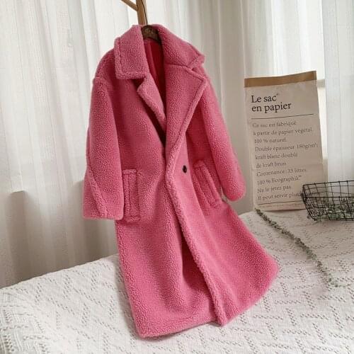 NEWDISCVR Pink Long Teddy Bear Jacket Coat Women Winter 2020 Thick Warm Oversized Chunky Women Overcoat Faux Lambswool Fur Coats