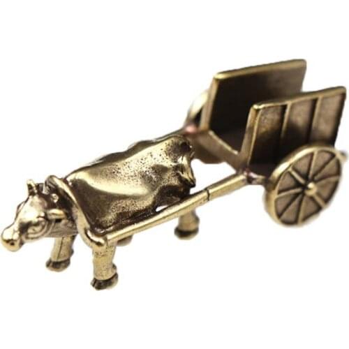 3D Brass Cattle Pull Cart Casting Statue Mini Animal Metal Figurine Home Decor Desktop Crafts Sculpture Decoration Pendants Gift