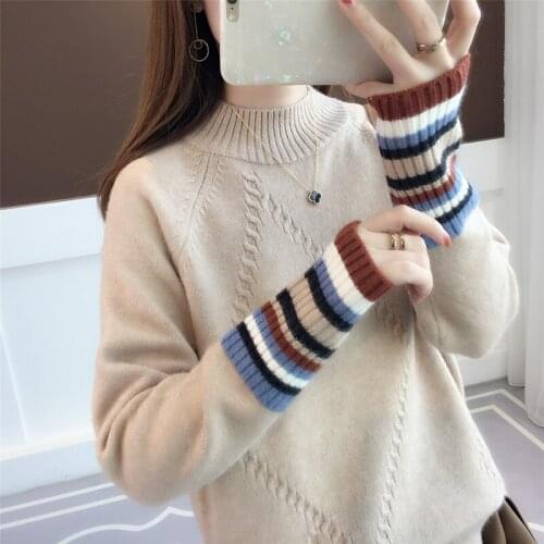 Small and Fresh Sweaters Womens New Coloured Sleeve Half-high Collar Show Slender and Lazy Wind Knitted Sweaters