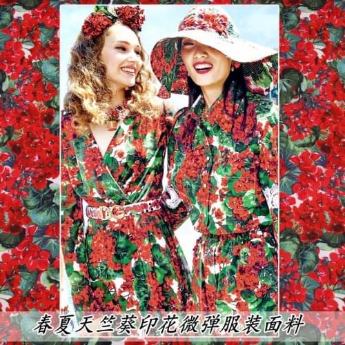 Spring and summer micro-elastic hydrangea geranium print girls clothing fabric handmade diy parent-child dress cloth red