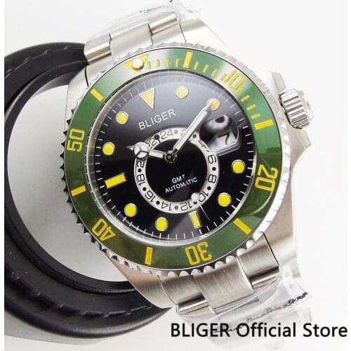 Sapphire Crystal BLIGER 43MM Black Dial Ceramic Bezel Luminous Marks GMT Indicator Automatic Movement Mens Watch BG2