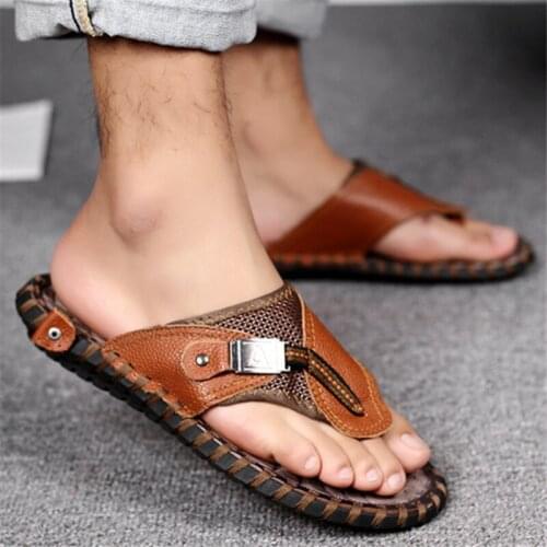 2021 New High Quality Genuine Leather Mens Slippers Soft Comfortable Summer Beach Shoes Classic Sewing Massage Sole Flip Flops