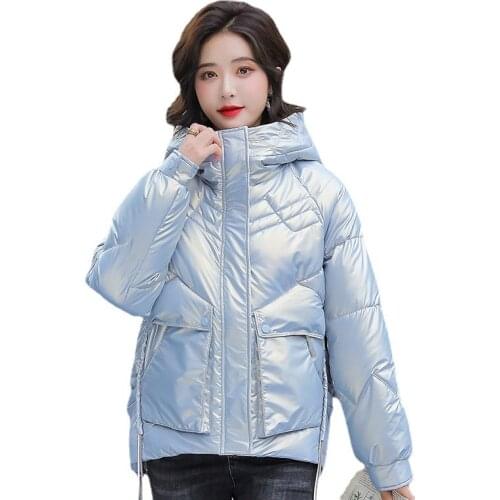2021 New Winter Jacket Women Short Parkas Casual Female Thicken Warm Windprood Shiny Bright Hooded Winter Coat Outwear