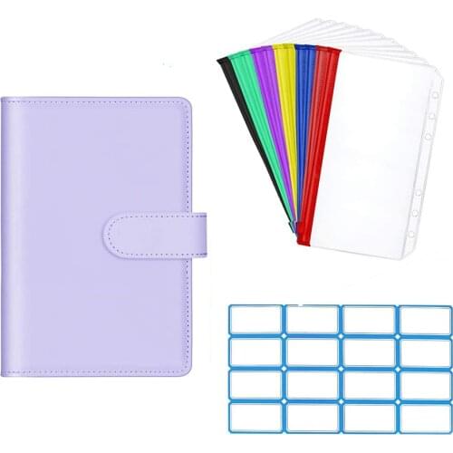 14 Pieces A6 PU Leather Notebook Cover Binder Budget Envelope with 12Pcs Colorful Clear Zipper Pockets, self-adhesive Labels