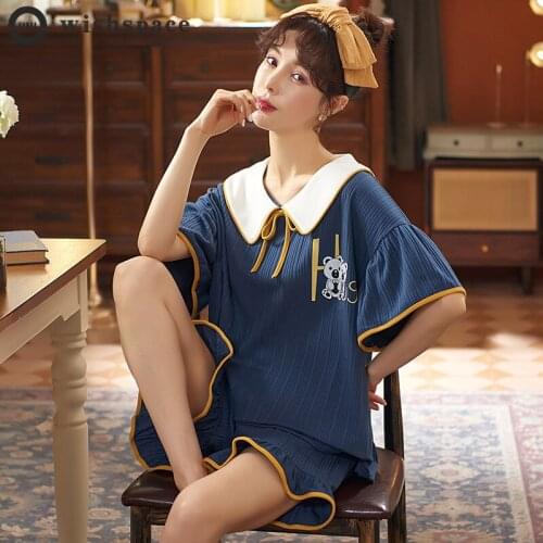 Ms Pajamas Thin Type of Cotton Short Sleeve Shorts in the Spring and Autumn Ins Leisurewear Suit Can Be Worn Outside the Summer
