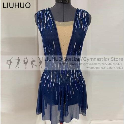 Figure Skating Dress Girls Women Competition Navy Ballet Children Sleeveless Performance Wear Rhythmic Stage Leotard Wholesale