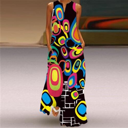 Vintage Print Women Maxi Dress 2021 Summer Fashion Sexy V-neck Sleeveless Long Dress with Pocket Casual Ladies Sundress Vestidos