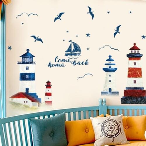 Removable DIY Kids Mural Wall Sticker Sea Sailboat Home Decoration Lighthouse Children PVC Art Decal Bedroom TV Background