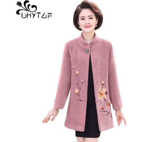 UHYTGF Autumn Winter Jacket Women Quality Mink Fleece Casual Warm Woolen Coat Mid-Length Elegant Female 5XL Plus Size Tops 1347
