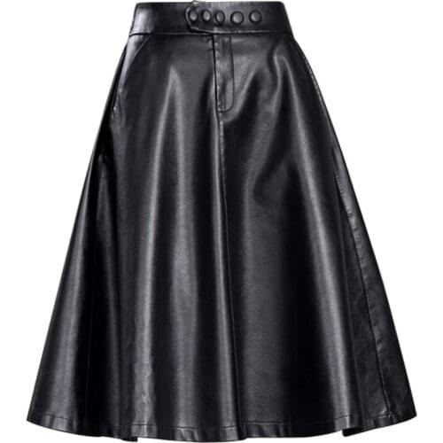 Plus size 4XL Autumn Winter Women umbrella Skirt Fashion PU Leather knee-length Skirt High Waist Pleated Swing Vintage