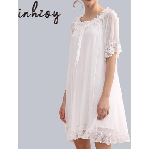 Womens Victorian Nightgown Vintage Sheer Mesh Sleepwear Lace Chemise Elegant Lounge Dress Pajamas