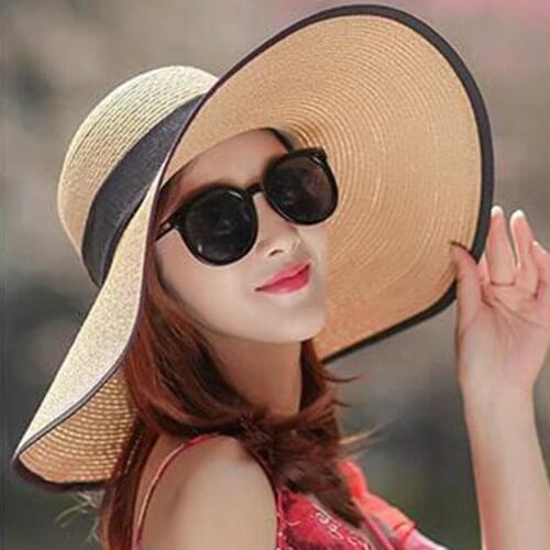 Women Sun Hat Summer Sunscreen Beach Straw Cap Wide Brims Outdoor Solid Color Big Black Bow Sun shading Hat