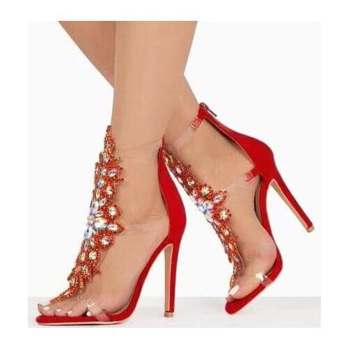 Moraima Snc Bling Bling Crystal Embellished High Heel Sandal Woman Sexy PVC Patchwork Thin Heels Wedding Shoes Summer Dress Shoe