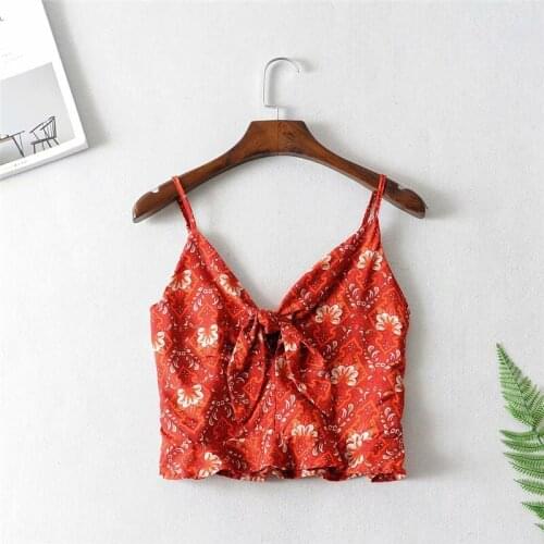 Hippie Women Sun Floral Print Beach Sleeveless Crop Tops Bohemian Vest Short Version Camis Ruffles Female