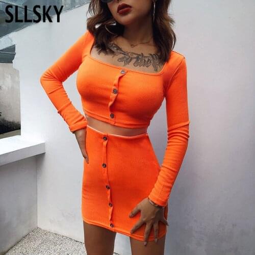 SLLSKY Orange Knitted Off Shoulder 2 Pieces Set Women Spring Summer Button Skinny Slash Neck Crop Tops Sexy Mini Skirts Elastic