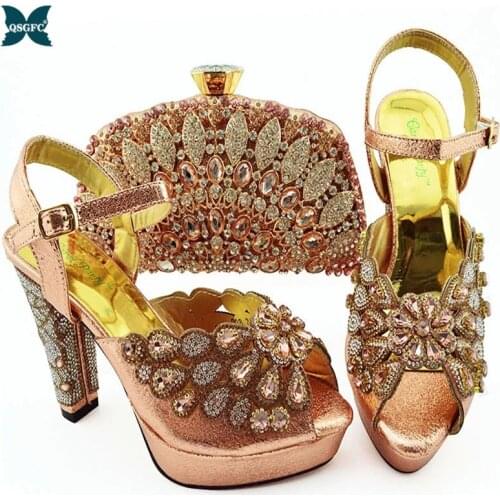 African Ladies Shoes and Bag Matching Set With Peach Color Hot Selling Women Italian design Shoes And Bag Set For Party Wedding