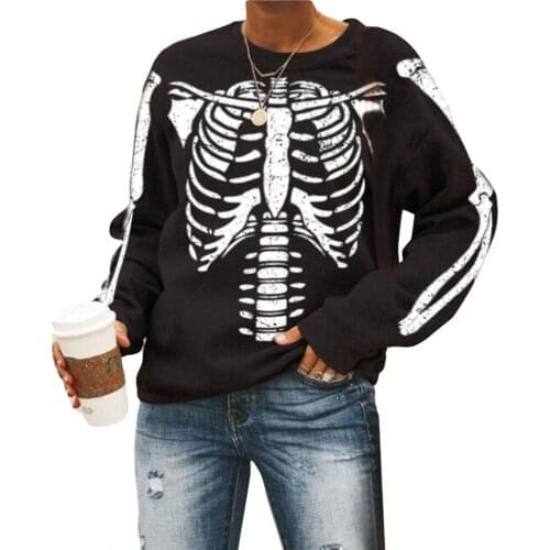 Halloween Women Pullover Skeleton Printed Pattern Round Collar Long Sleeve Tops 2021Autumn High Street Casual Loose Black S-XXXL