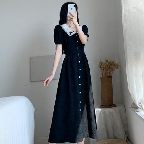 Contrast Color Bow Women Floral Single Breasted Dresses Dark Gothic Black Lady Lolita Long Dress Peter Pan Collar Cool Vestidos