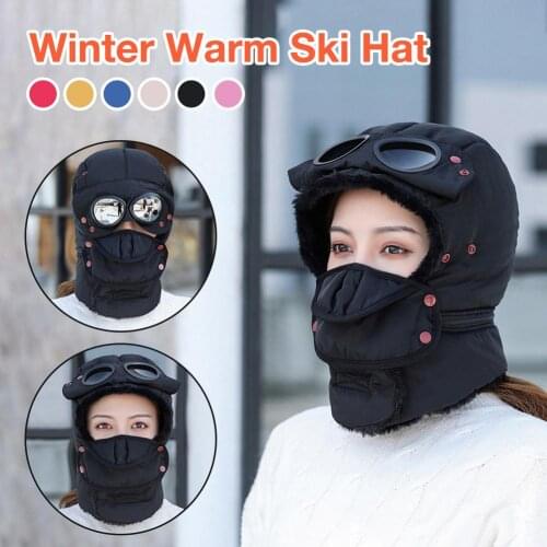 2020 Winter Bomber Hats Plush Earflap Russian Trapper Ushanka Glasses Men Women Pilot Faux Fur Hat Skiing Cycling Caps Balaclava
