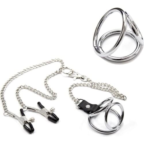 Manyjoy Stainless Steel 3 Metal Hoop Penis Rings with Nipple Clamp Cock Ring Ball Stretcher Male Scrotum Adult Sex Toys for Men