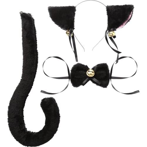 3PCS Cosplay Costume Cat Ears Hair Hoop/Head Hoop with Bow Tie Tail Set for Adults and Kids Halloween Party Dress Up Accessories