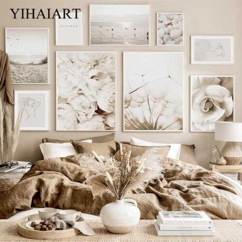 Abstract Line Drawing Canvas Painting Sunset Beach Flower Wall Art Print Nordic Landscape Poster Beige Picture Home Decoration