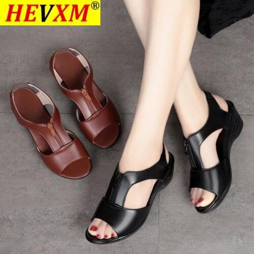 Black Elegant Pu leather Sexy Open Toe Womens Wedge Sandals High Quality Fish Mouth Zipper Mom Shoes Non-Slip Soft Bottom Shoes