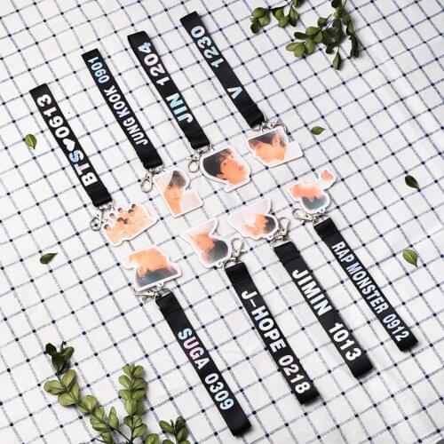 KPOP Keychain Lanyard Bangtan Boys Name Birthday Photo Key Chains Kook V SUGA JIMIN JHOPE RM Key Ring Accessory Bulletproof