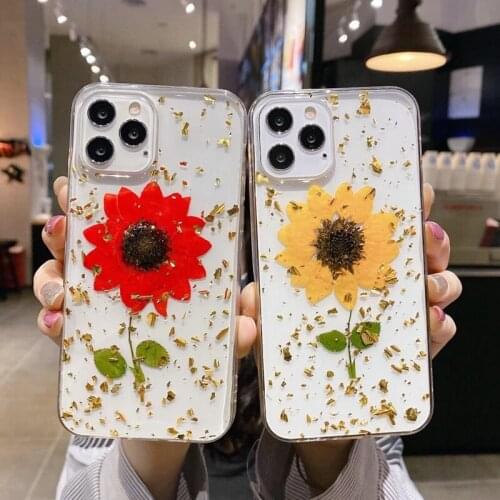 Real dried Sunflower Gold foil Phone case for iphone 12 11 Pro max 12mini X XS XR 7 8 plus 6 6s SE 2020 Soft Epoxy Glitter Cover