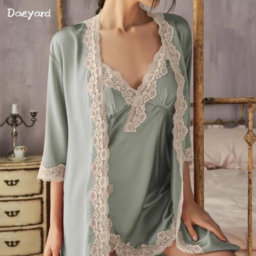 Daeyard Women Sexy Lace Robe Gown Set New Fashion Backless Split Nightdress Silk Satin 2 Pieces Robe Suit Spring Summer Homewear