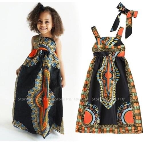 Kids Girls African Bohemian Sleeveless Long Print Bazin Dress Children Ankara Danshiki Carnival Party Stage Performance Costumes