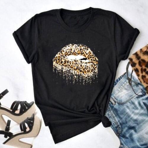 Cute Leopard Dripping Lips T-shirt Funny Women Graphic Grunge Tshirt Casual Summer Short Sleeve 90s Tumblr Hipster Tee Shirt Top