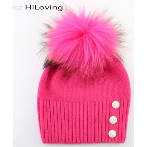 GZhilovingL Fashion Womens Winter Wool Beanies Hats With Big Fur Pom Pom Women Ladies Pearl Skullies Beanie Hats For Girls