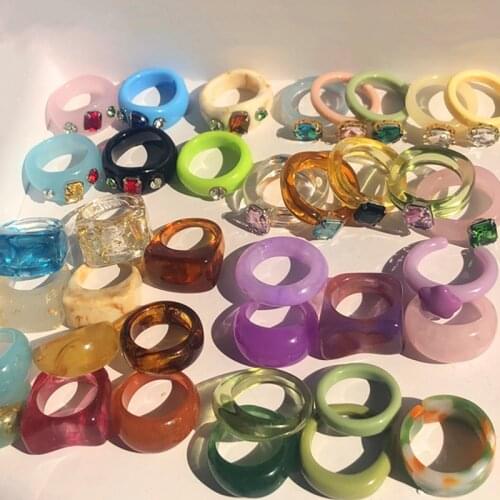 I & FDLK 2021 New Colourful Transparent Resin Acrylic Rhinestone Geometric Square Round Rings Set for Women Jewelry Travel Gifts