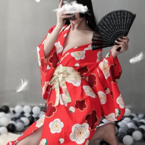 Traditional Japanese Style Kimono For Women Girl Sexy Lingerie Red Floral Print Pajamas Yukata Han Fu Asian Clothing