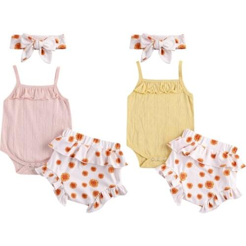 0-24M Infant Baby Girl Clothes Fresh Solid Color Suspender Jumpsuit Sleeveless Top+Ruffle Sunflower Short Pants+Headband