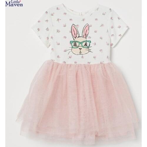 Little Maven 2021 Summer Baby Girl Clothes Toddler Cotton Bunny Flower Print Party Princess Tulle Dresses for Kids 2-7 Years