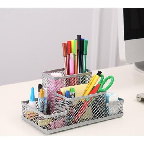 4 Storage Multi-functional Desk Organizer Mesh Metal Pen Holder Stationery Container Box Office School Supplies Caddy Black