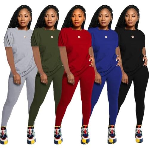 Fashion sportswear womens high-neck solid color short-sleeved top + leggings matching suit elastic sports fitness casual wear