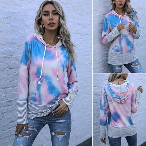 Autumn Womens Tie Dyeing Stripe Pullover Hoodies Casual Long Sleeve Round Collar Sweatshirt Loose Printed Tops