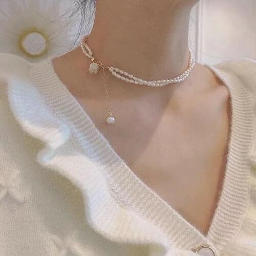 Origin Summer Korean Fashion Double-Layer Beaded Simulation Pearl Chokers Necklace for Women White Flower Necklace Jewellery