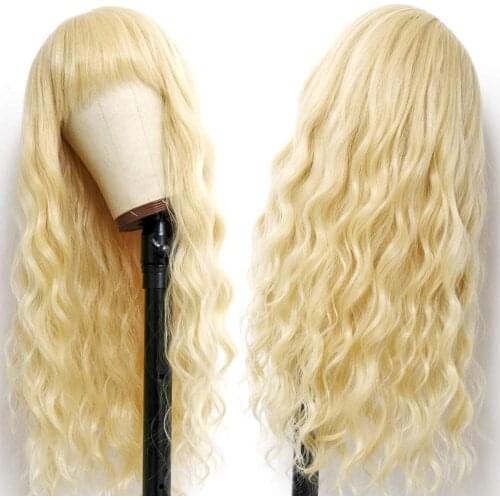 Long Blonde Wig with Bangs for Women 613 Synthetic Loose Curly Wave Heat Resistant Fiber Wigs